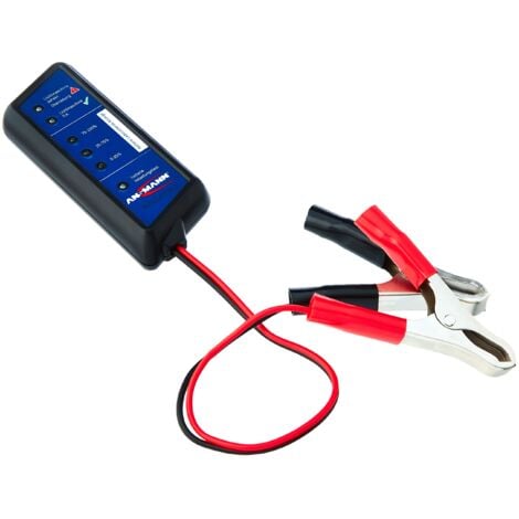 ANSMANN Tester per Batterie Auto 12V - Voltaggio Livello Ricarica Capacità - Facile da Usare Morsetti Colorati - Spie LED Protezione Corto Circuito