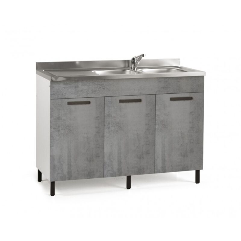 Sous-évier cuisine base 120x50xH85 en bois blanc frêne et béton avec évier double baignoire - Antartide