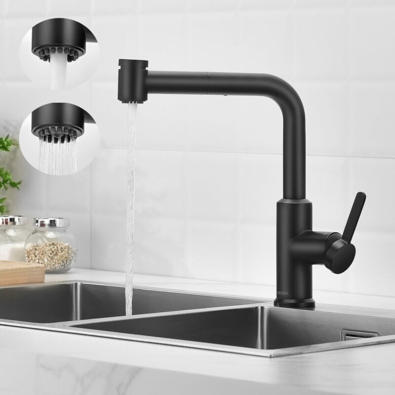 Mitigeur de Cuisine avec Douchette Extractible, Robinet d'évier Noir 2 Modes de Sortie D'eau - Cecipa