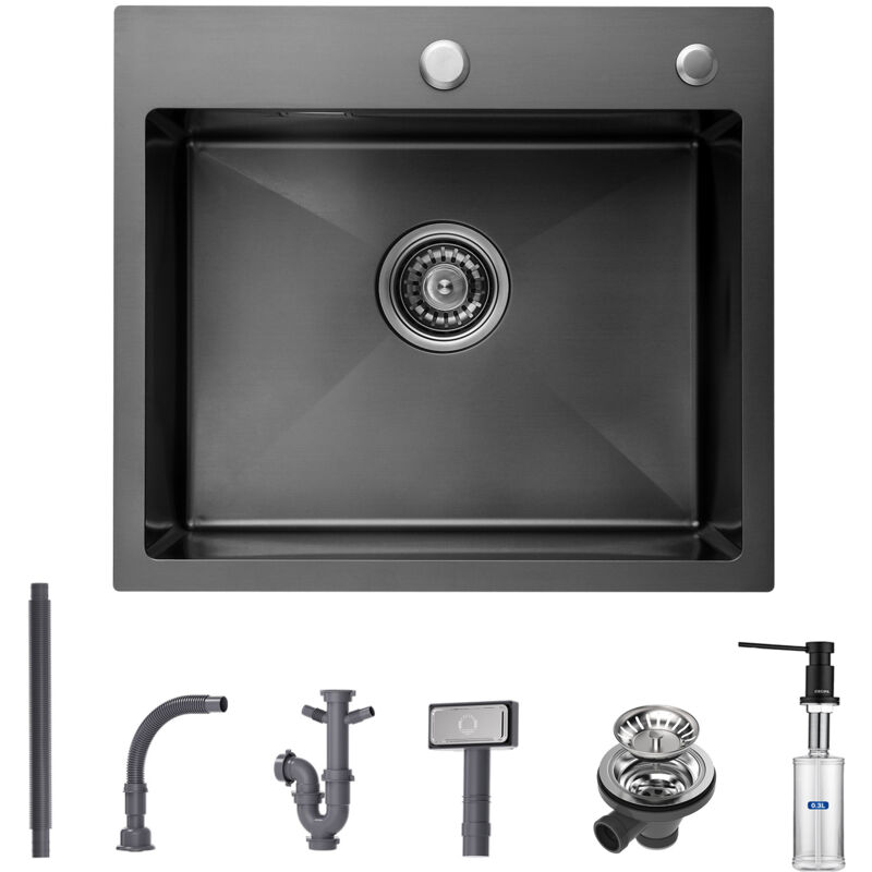 Cecipa - Evier Cuisine 1 Bac Évier Inox 1 Cuve avec Siphon et Trop-Plein Évier de Cuisine 50×45×18.5CM + Distributeur de Savon Noir