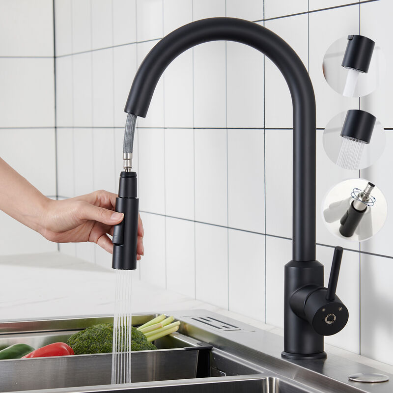 Image of Rubinetto cucina nero estraibile con 2 funzioni, miscelatore per lavello da cucina girevole a 360° in acciaio inox, miscelatore per lavello acqua