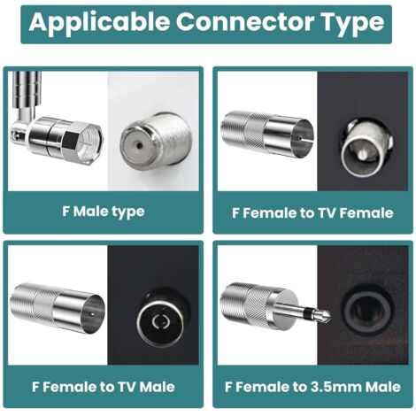 Antenna FM per Hi-Fi, antenna radio DAB, antenna TV telescopica da 75 Ohm, connettore F per interni con 3 adattatori da F a TV, da F a 3,5 mm maschio per mini sistema radio