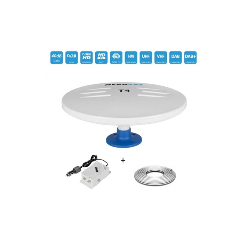 Antenne Omni vhf uhf fm Extérieur T4 hd 40dB 5/12V Blanc + Amplificateur tv 12/24V + Câble Coax 10m - Bateau Caravane Camping Car