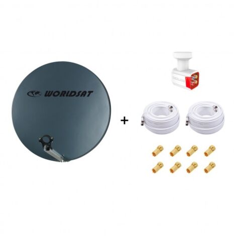 Antenne Parabole Fibre SMC 60cm Anthracite WORLDSAT + LNB Quad 0,1dB HD 4K + 2 Câbles Coax Twin 25m + 8 Fiches F - Visserie en Inox