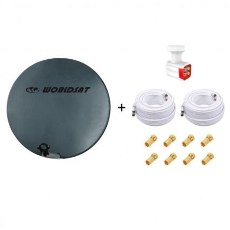 Antenne Parabole Fibre SMC 75cm Anthracite WORLDSAT + LNB Quad 0,1 dB HD 4K + 2 Câbles Coax Twin 25m + 8 Fiches F - Visserie en Inox