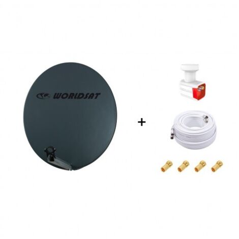 Antenne Parabole Fibre SMC 85 cm Anthracite WORLDSAT + LNB Twin 0,1dB HD 4K + Câble Coax Twin 25m + 4 Fiches F Or - Visserie en Inox