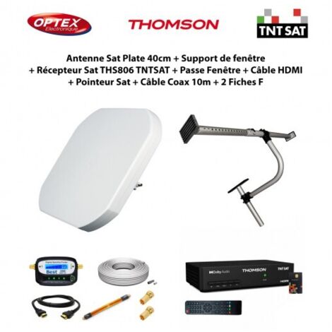 Antenne Sat Plate 40cm + Support de fenêtre + Récepteur Sat THS806 TNTSAT + Passe Fenêtre + Câble HDMI + Pointeur + Câble Coax 10m