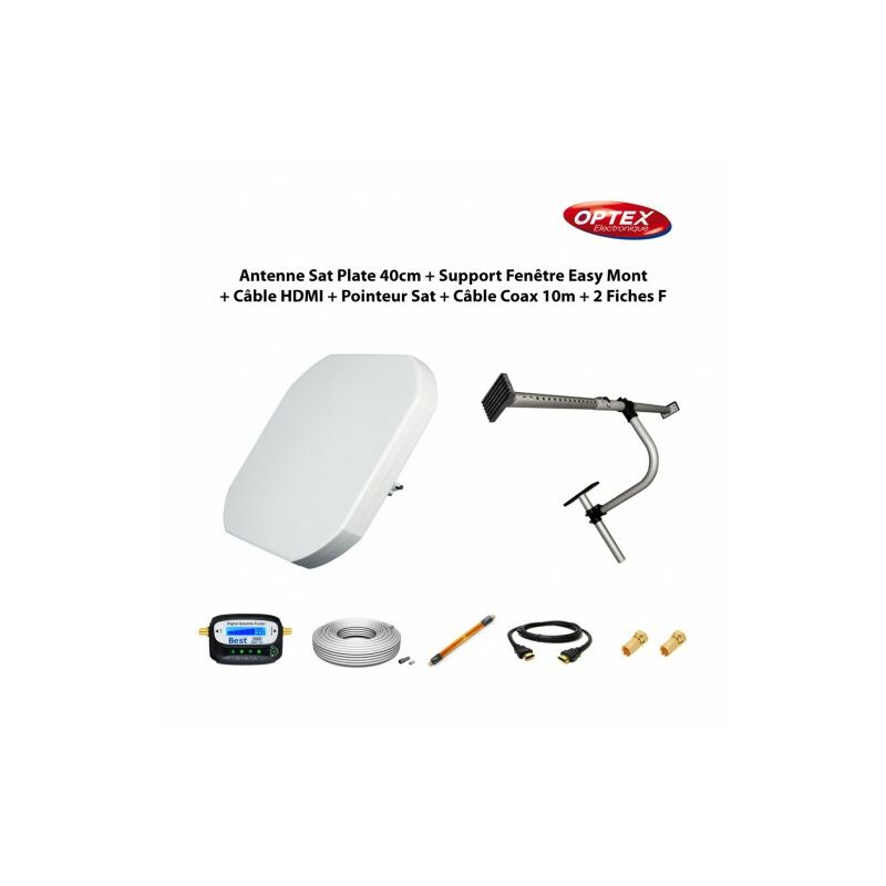 ME - Antenne Sat Plate 40cm + Support Fenêtre Easy Mont + Câble Passe Fenêtre + Câble hdmi + Pointeur Sat + Câble Coax 10m + 2 Fiches f