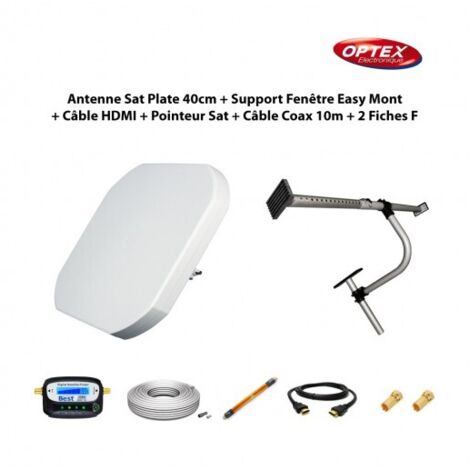 Antenne Sat Plate 40cm + Support Fenêtre Easy Mont + Câble Passe Fenêtre + Câble HDMI + Pointeur Sat + Câble Coax 10m + 2 Fiches F