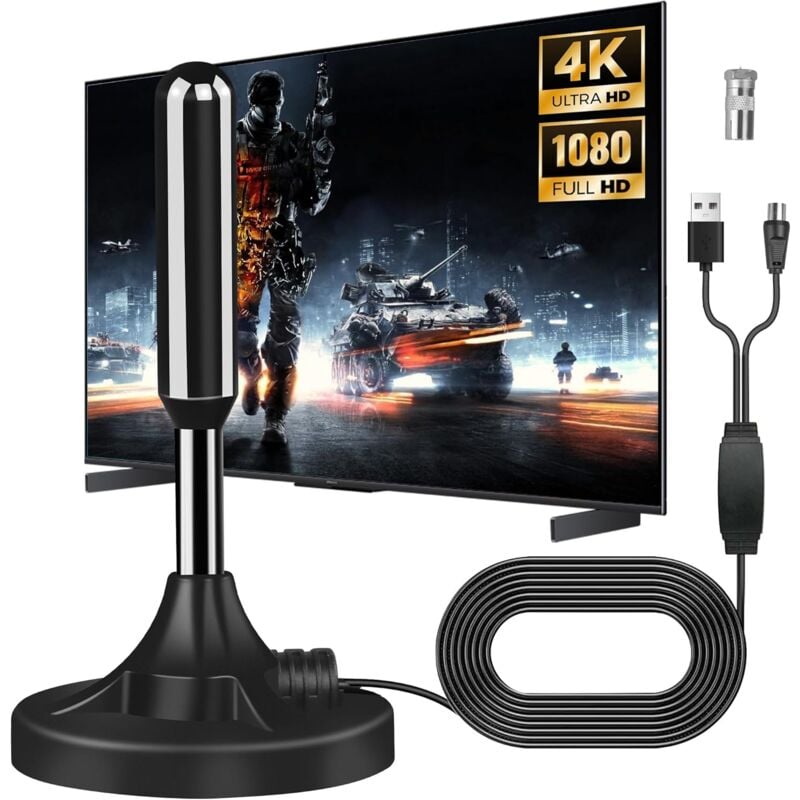 Antenne TV IntéRieur Puissante, Nouveau pour 2025 Antenne TNT IntéRieur Puissante, Portatif Antenne TV IntéRieur, CâBle Coaxial De 5 M, RéCeption