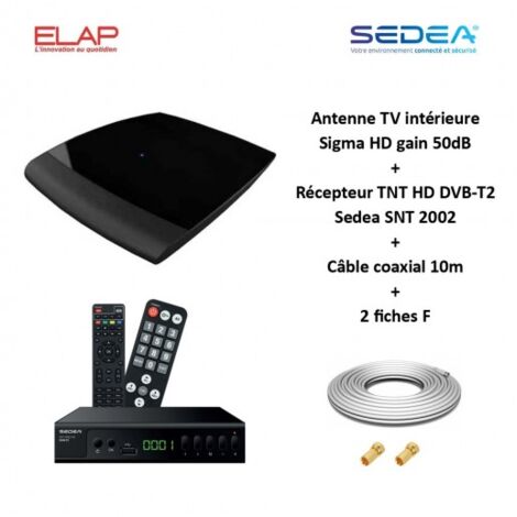 Antenne TV intérieure Sigma HD, UHF 470-790, gain 50dB ELAP + Récepteur TNT HD DVB-T2 Sedea SNT 2002 + Cable coax 10m + 2 fiches F