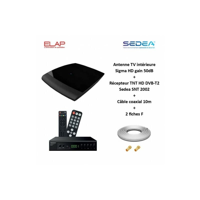 Antenne tv intérieure Sigma hd, uhf 470-790, gain 50dB elap + Récepteur tnt hd DVB-T2 Sedea snt 2002 + Cable coax 10m + 2 fiches f