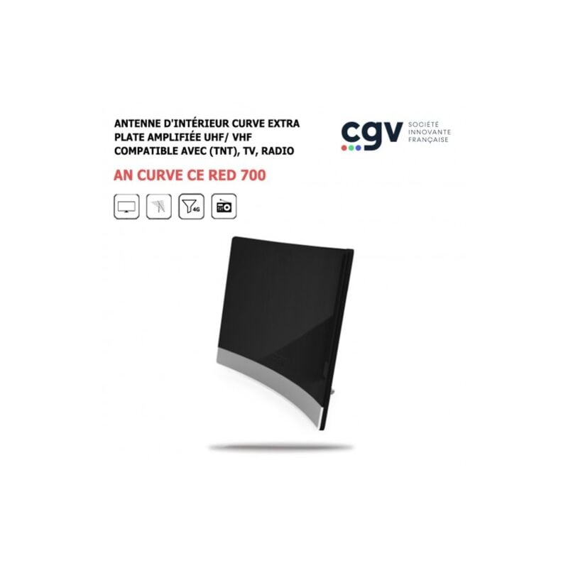 Antenne d'intérieur tnt uhf/ vhf, tv, Radio, Filtre 4G an curve ce red 700 extra plate amplifiée CGV Gain 20 dB, Numérique