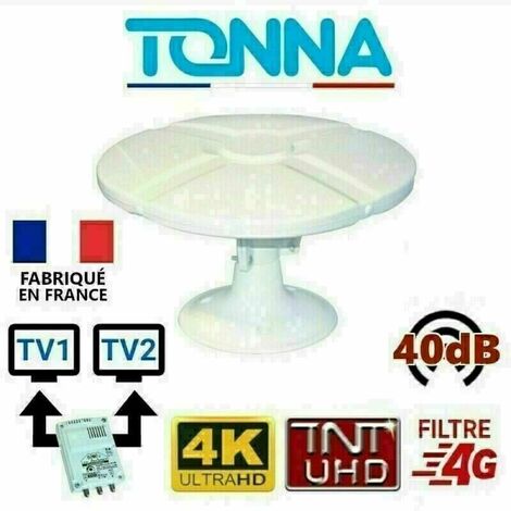 Antenne TV TNT extérieure omnidirectionnelle avec amplificateur 40 dB – 2 sorties TV – Installation facile sur mât ou véhicule – M-E