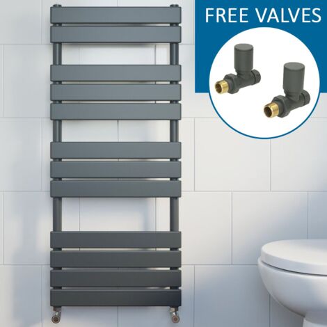 Anthracite Flat Panel Heated Towel Rail Grey Bathroom Radiator 1200 x 600mm & Straight Valve