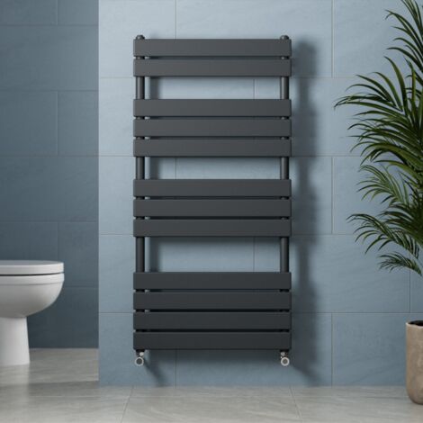 GALIFLO Anthracite Flat Panel Heated Towel Rail Grey Bathroom Radiator 1200 x 600mm & Thermostatic Angled Valve