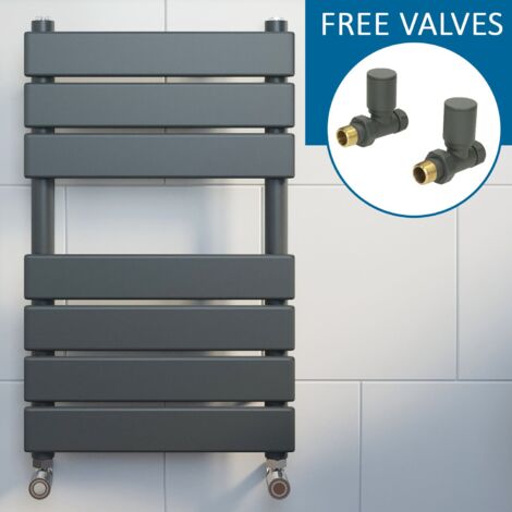 Anthracite Flat Panel Heated Towel Rail Grey Bathroom Radiator 650 x 400mm & Straight Valve