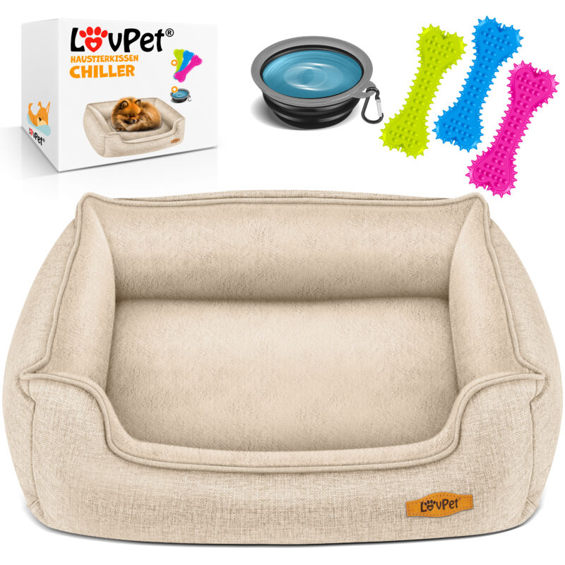 LOVPET® Lit pour chien, Ecuelle + 3X Os à mâcher inclus, Coussin canapé pour chiens de petite, moyenne et grande taille, Housse amovible, Beige / L