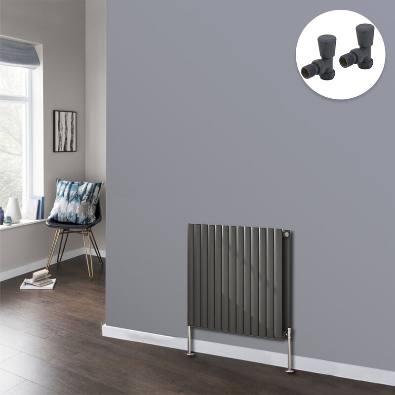 Anthracite Oval Radiator Designer Panel Radiators Bathroom Central Heating with Angled Manual Pair of Valves 600x767mm Horizontal Double