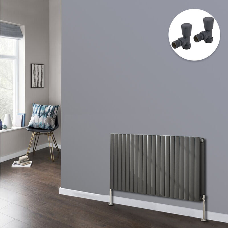 Anthracite Oval Radiator Designer Panel Radiators Bathroom Central Heating with Angled Manual Pair of Valves 600x1180mm Horizontal Double