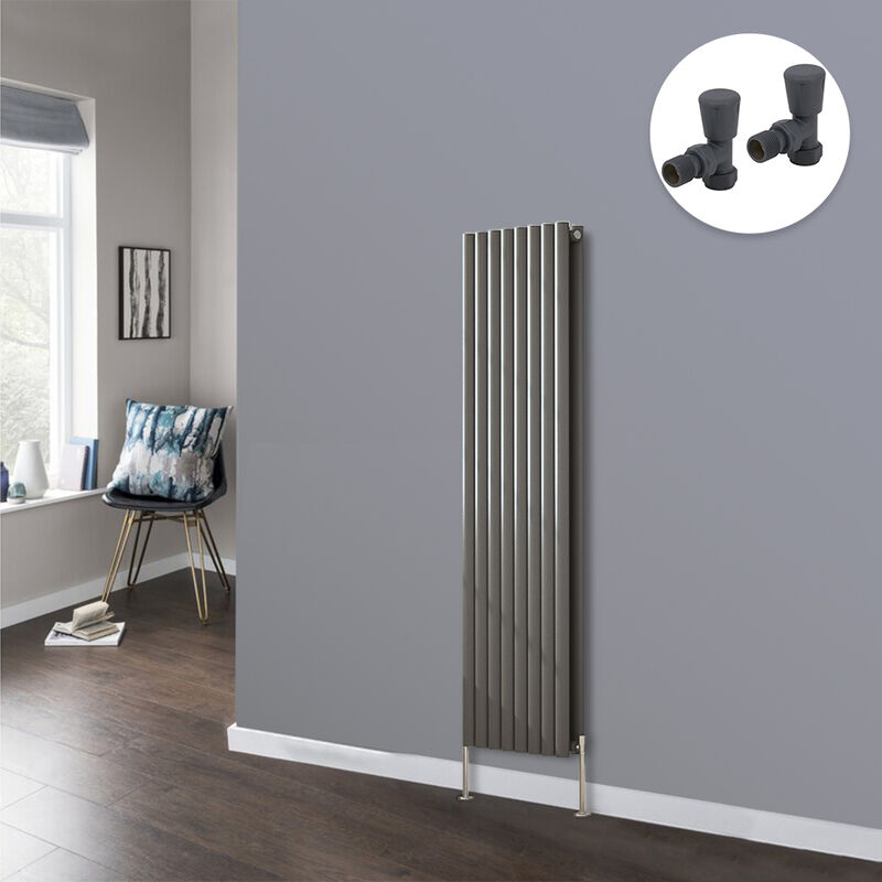 Anthracite Oval Radiator Designer Panel Radiators Bathroom Central Heating with Angled Manual Pair of Valves 1600x472mm Vertical Double
