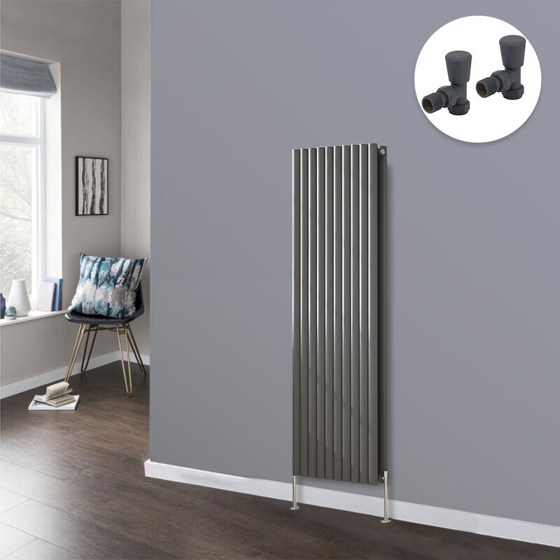 Anthracite Oval Radiator Designer Panel Radiators Bathroom Central Heating with Angled Manual Pair of Valves 1600x590mm Vertical Double