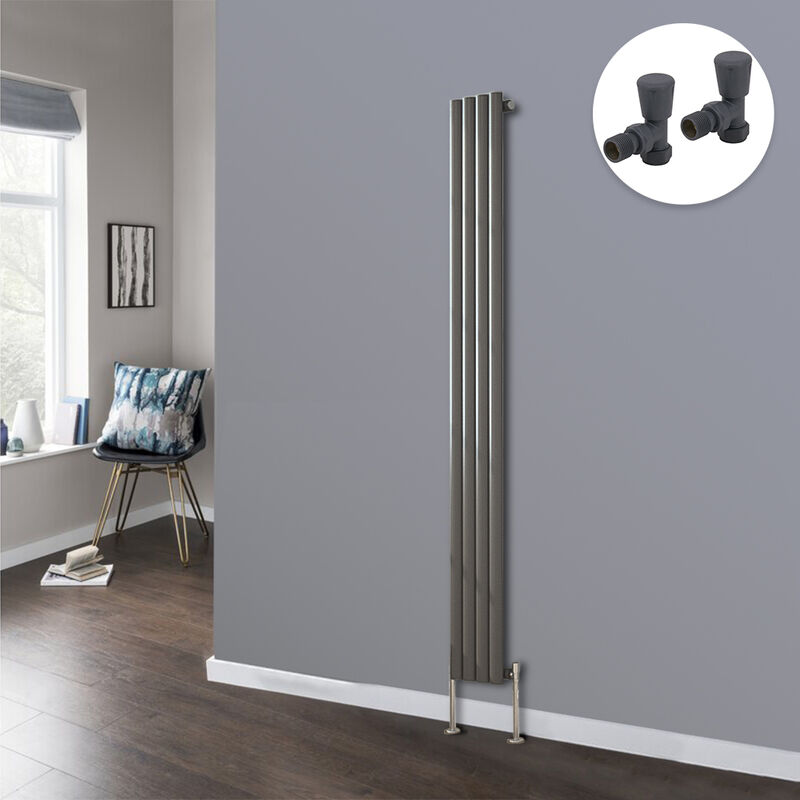 Anthracite Oval Radiator Designer Panel Radiators Bathroom Central Heating with Angled Manual Pair of Valves 1800x236mm Vertical Single