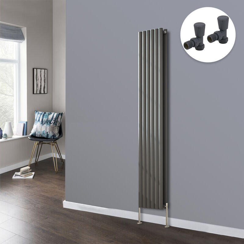 Anthracite Oval Radiator Designer Panel Radiators Bathroom Central Heating with Angled Manual Pair of Valves 1800x354mm Vertical Double