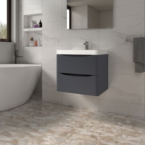 Anthracite Vanity Unit Bathroom Basin Sink Wall Hung Drawers Storage Furniture