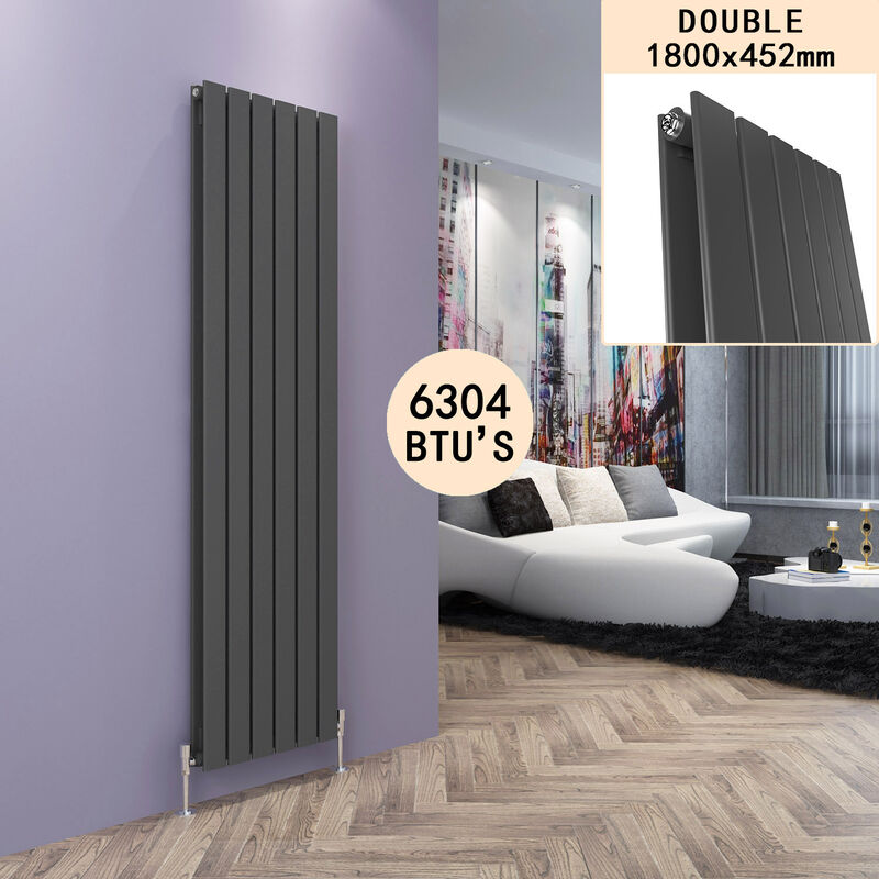 Elegant - 1800x456mm Designer Anthracite Radiator Vertical Double Flat Panel Heating Radiators Suitable for Bedroom, Living Room, Kitchen etc