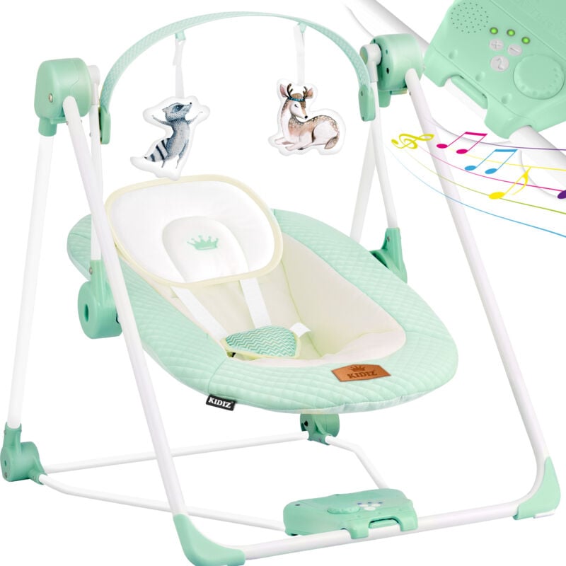 Kidiz - Balançoire bébé avec 5 réglages de vitesse Balançoire bébé pliable Balançoire chaise haute avec arche de jeux Vert menthe
