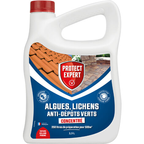 Anti Algues & Lichens Anti-Dépôt Vert 2,5L pour 250L de Solution 500m² Toiture Terrasse Dalles Piscine