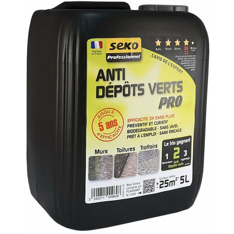 Anti-dépôts verts pro 5 litres – Antimousse pour toit, mur et sol – Action préventive et curative – Biodégradable sans javel ni chlore – Sodepac