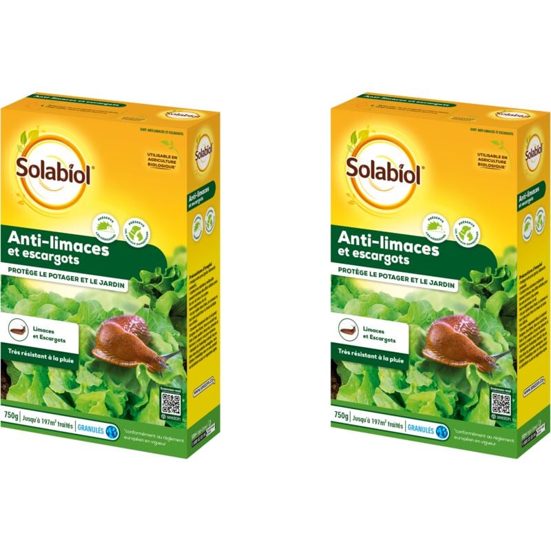 SOLABIOL Anti-Limaces & Escargots - 2x750g - Granulés - Résistant À La Pluie - Prêt À L'Emploi - Utilisable En Agriculture Biologique SOLIMA750NX2