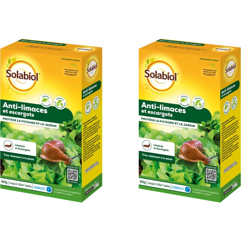 Solabiol - Anti-Limaces & Escargots - 2x400g - Granulés - Résistant à La Pluie - Prêt à L'Emploi - Utilisable En Agriculture Biologique SOLIMA400X2