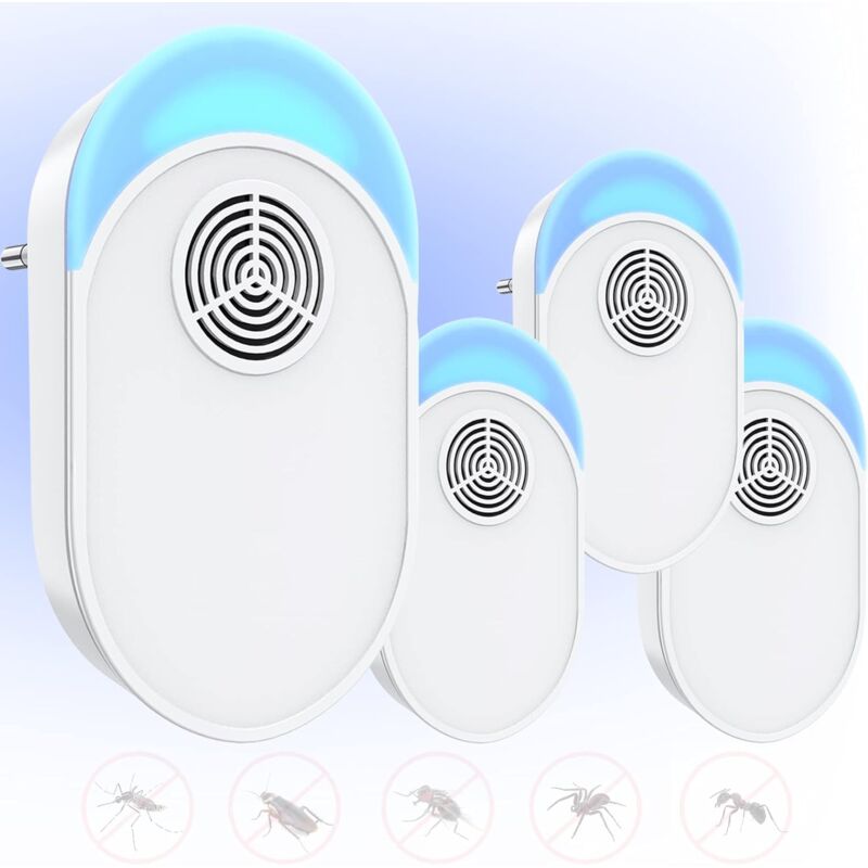 Anti Moustique Ultrason Prise Souris Mouche 4 Paquets, Appareil Repulsif Efficace pour Repousser Les Rats, Les araignées, Les Souris, Les cafards Bla