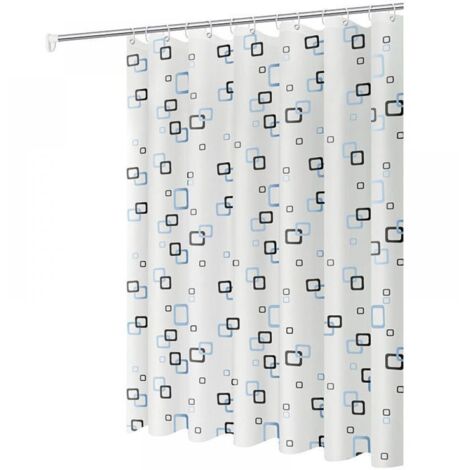 Anti-Schimmel-Duschvorhang, 200 x 180 cm, mit Aufhängeringen, antibakteriell, waschfrei, geeignet für Badezimmer, weißer Hintergrund mit blauen Karos.