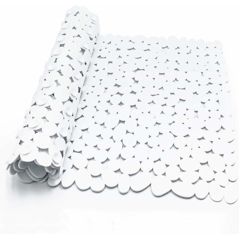 Anti-slip Rectangle Pebbles Shower Mat Machine Washable, Anti-Bacterial Tub Shower Mats, with Suction Cup Safety Bath Mat 88cm x 40cm, White