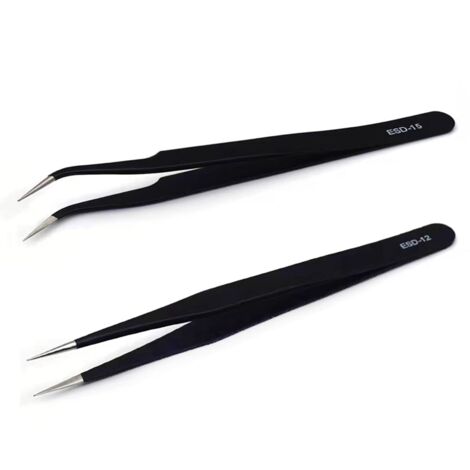 Anti-Static Precision Tweezers - Stainless Steel Tweezers - for Eyebrows, Eyelashes, Facial Hair (Black)