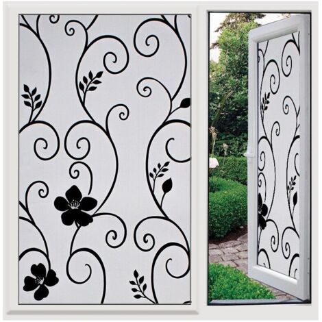 Anti-UV 45 x 200 cm, Fleur Noir Film Fenetre Anti Regard Adhesif pour Vitre Brise Vue Fenetre Film pour Vitre Film Electrostatique Vitre Film Opaque Vitrage Film décoratif pour fenêtre,
