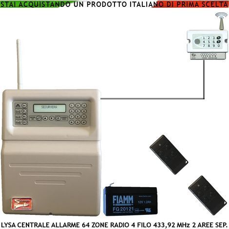 Antifurto Radio Filo Lysa GSM Centrale 100 Zone Radio 433,92 MHz 16 Zone Filo 3 Aree 2 Radiocomandi Bidirezionali 4 Canali Memoria Eventi App Android Codici Utente e Tecnico GSM Ascolto Ambientale