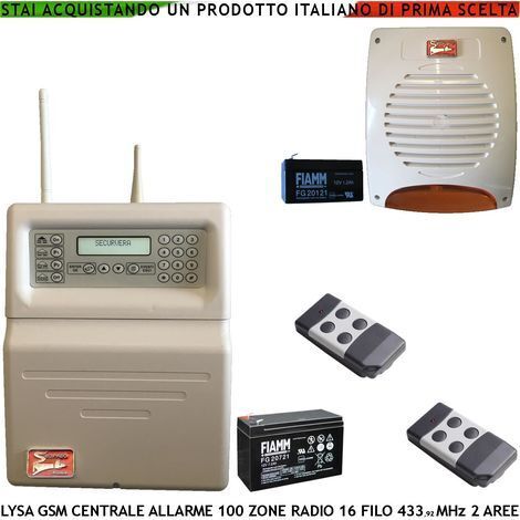 Antifurto Radio Filo Lysa GSM Centrale e 2 Radiocomandi 100 Zone Radio 433,92 MHz Batteria 12 V 7 Ah 16 Zone Filo 3 Aree Memoria Eventi Sydra App Android Codici Utente e Tecnico GSM Ascolto Ambientale