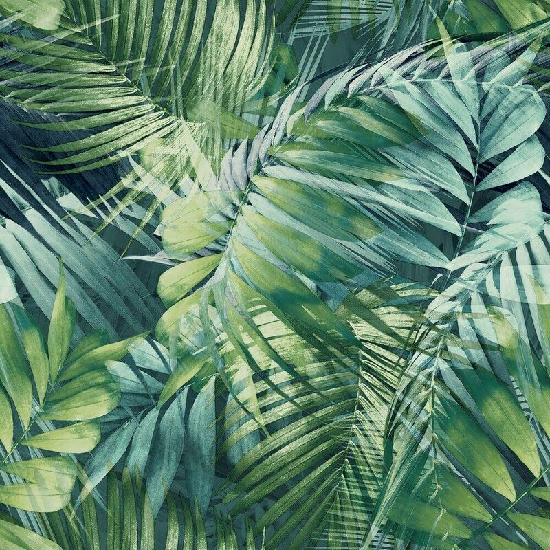 Antigua Palm Green Blue Wallpaper Grandeco Tropical Jungle Leaf Navy Textured