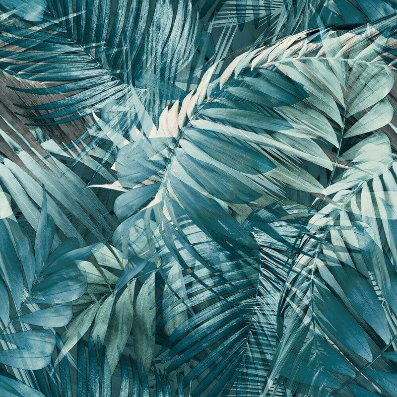 Antigua Palm Navy Blue Wallpaper Grandeco Tropical Jungle Leaf White Textured