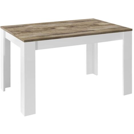ANTIK - Table Repas Extensible Blanc Laqué Brillant Plateau Aspect Bois Antik