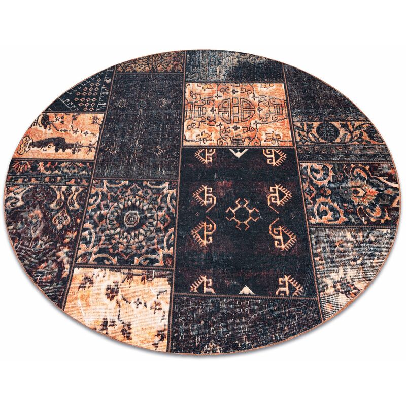 Image of ANTIKA Tappeto ancient chocolate cerchio, patchwork moderno, greco lavabile - nero / terracotta black rotondo 120 cm