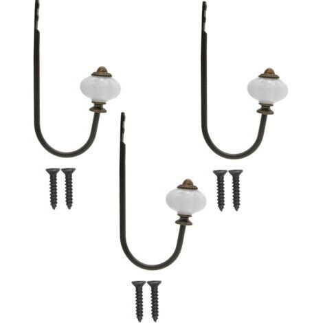 Antiker Kleiderhaken, Huthaken, Eisenhaken mit Keramikkopf und Messingkrone – Vintage-Landhausstil – 3er-Set