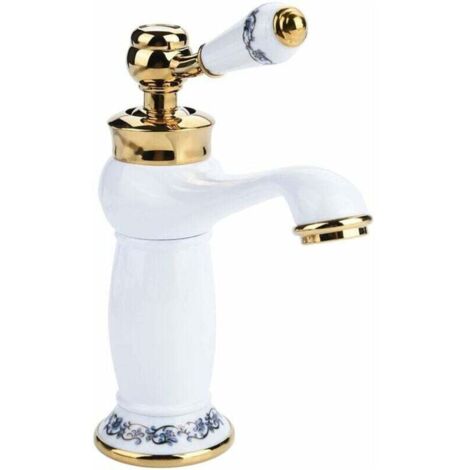 Antiker Messing-Waschbeckenhahn, blau-weiße Keramik, Vintage-Waschbeckenhahn mit langem Hals, Küchenhahn, Warm-/Kaltwasserhahn, weiß