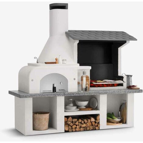 Antille Complete Outdoor Bbq with Wood Fired Oven - 90L x 255W x 250H - Concrete/Stainless Steel - White