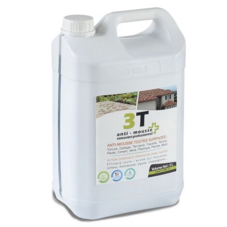 Antimousse concentré 5 litres – Traite jusqu'à 1000 m² – Anti-mousse, anti-lichen, anti-champignons – Utilisation à partir de 10°C – 3T
